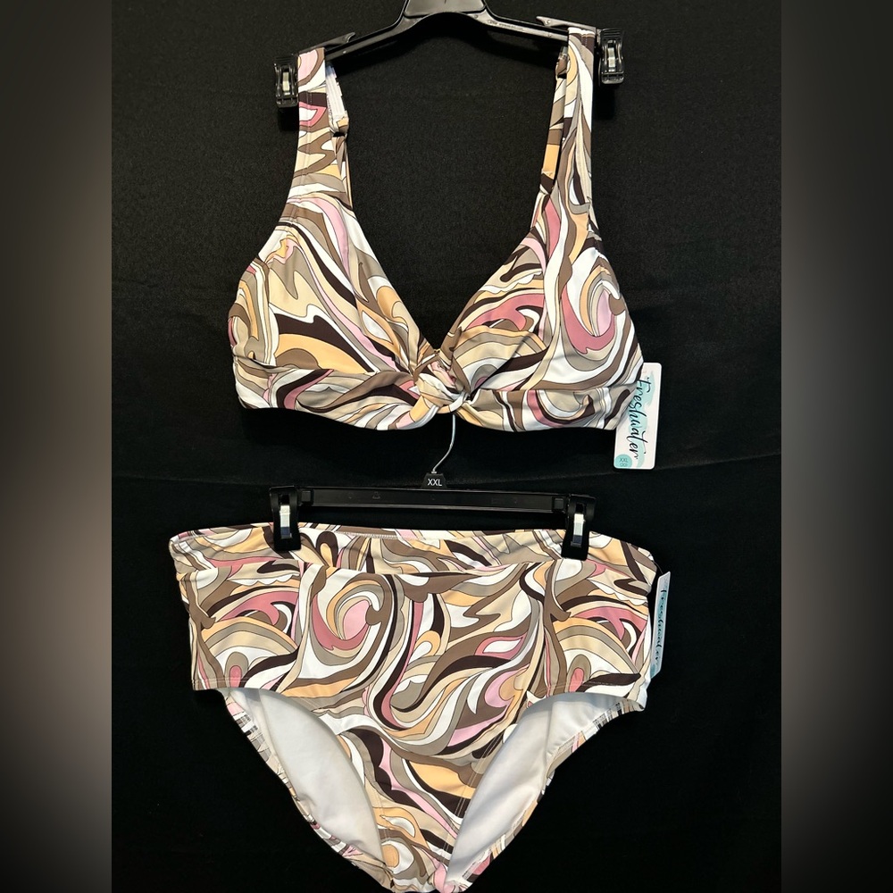Freshwater Brown Pink Swirl Twisted Knot High Waisted Bottom Bikini SwimSuit XXL